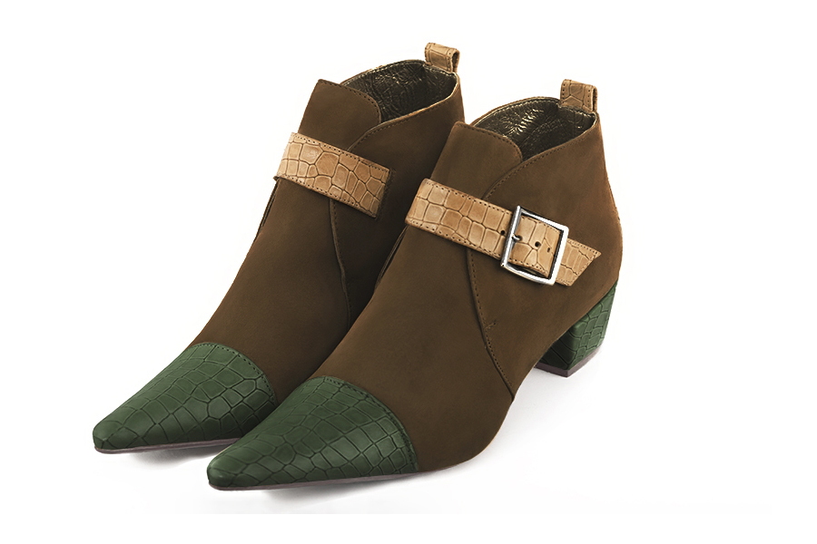 Women's forest green, chocolate brown and camel beige elegant ankle boots, with buckles at the front. Pointed toe. Low cone heels - Front view